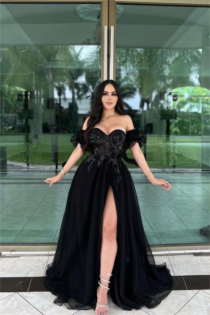 sleeveless formal women's black off the shoulder dress Charming Black Tulle Off the Shoulder Sleeveless Long Split Formal Dress  With Embroidery – misshow.com