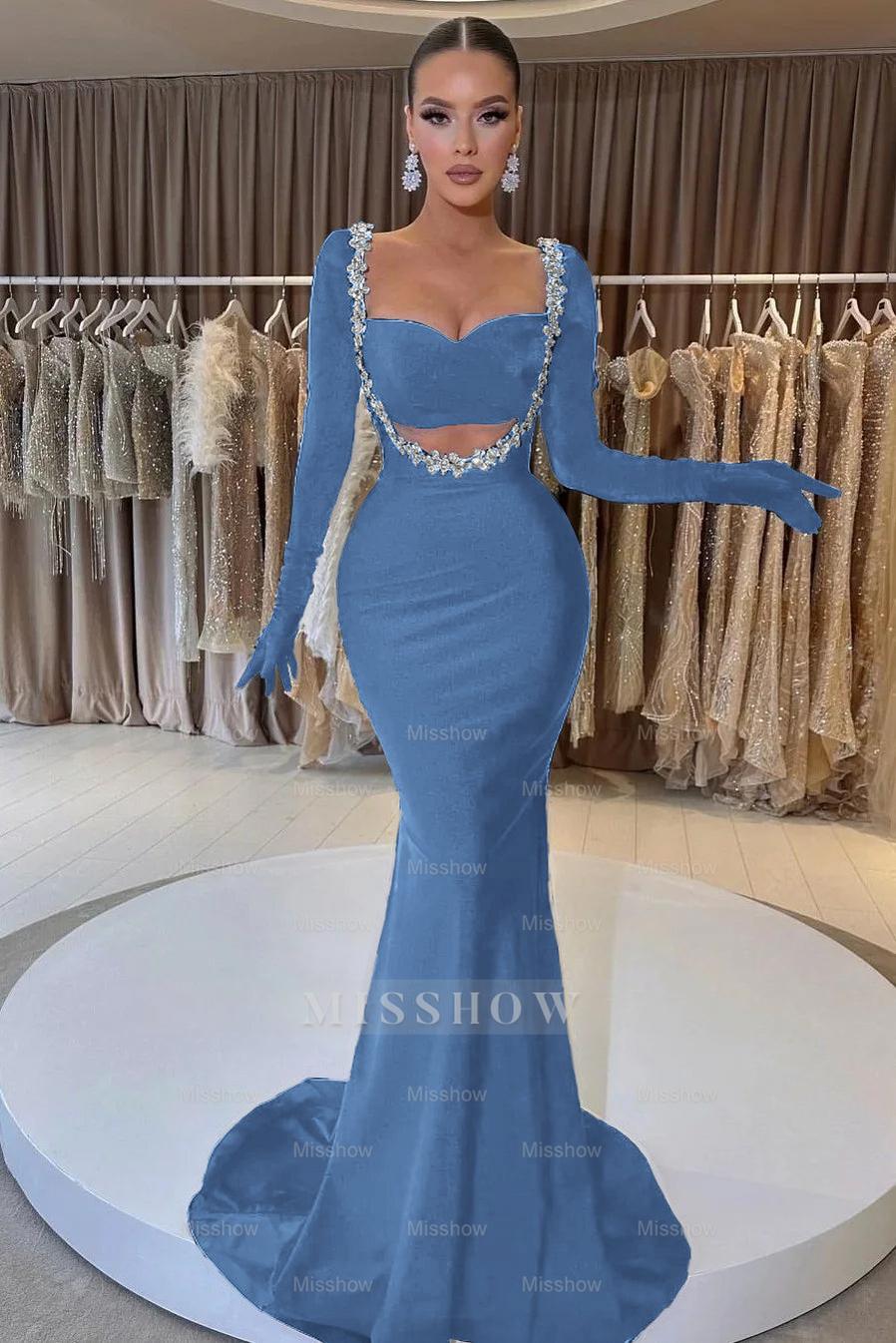 Charming Black Velvet Long Sleeve Beaded Long Mermaid Formal Dress With Gloves