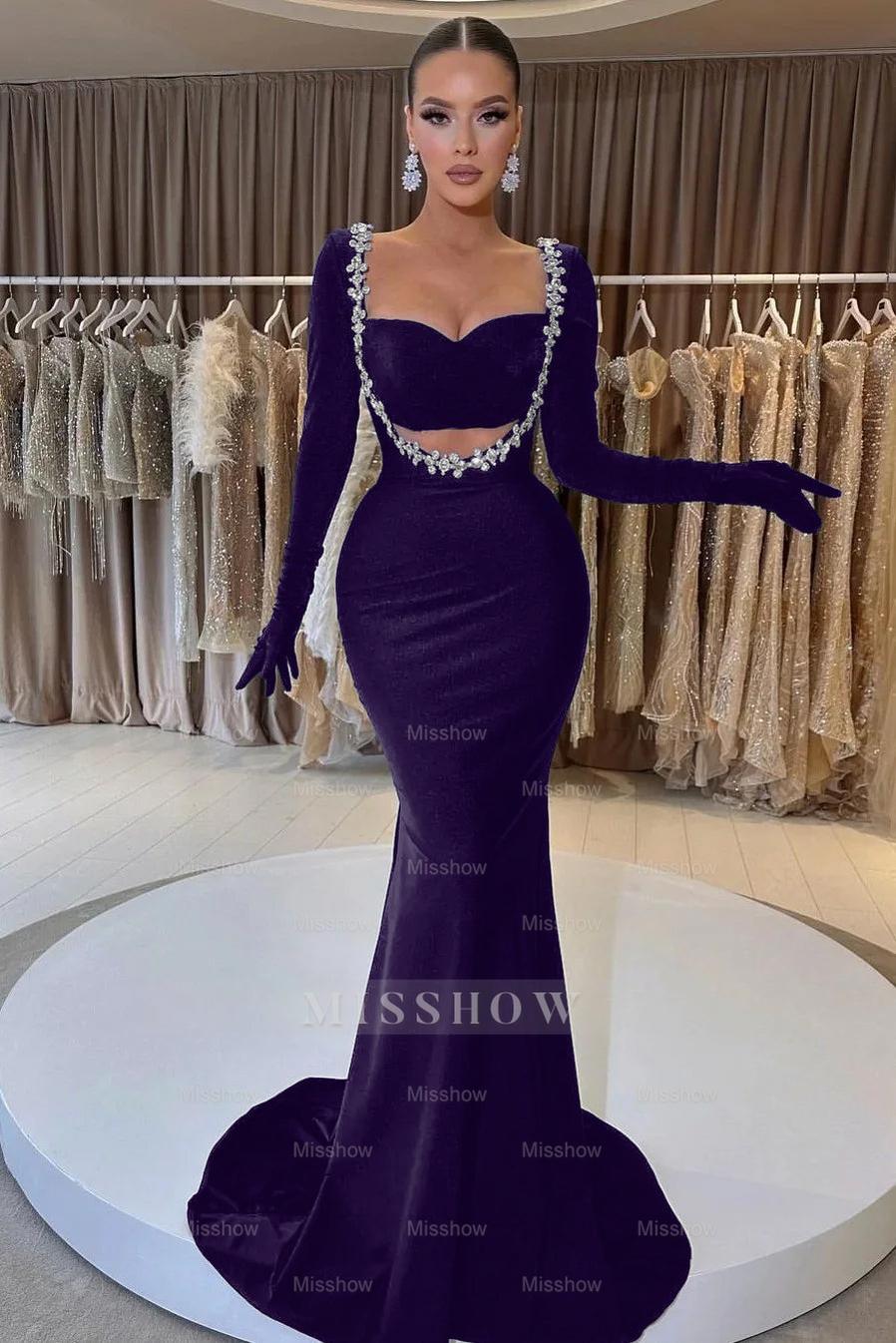Charming Black Velvet Long Sleeve Beaded Long Mermaid Formal Dress With Gloves