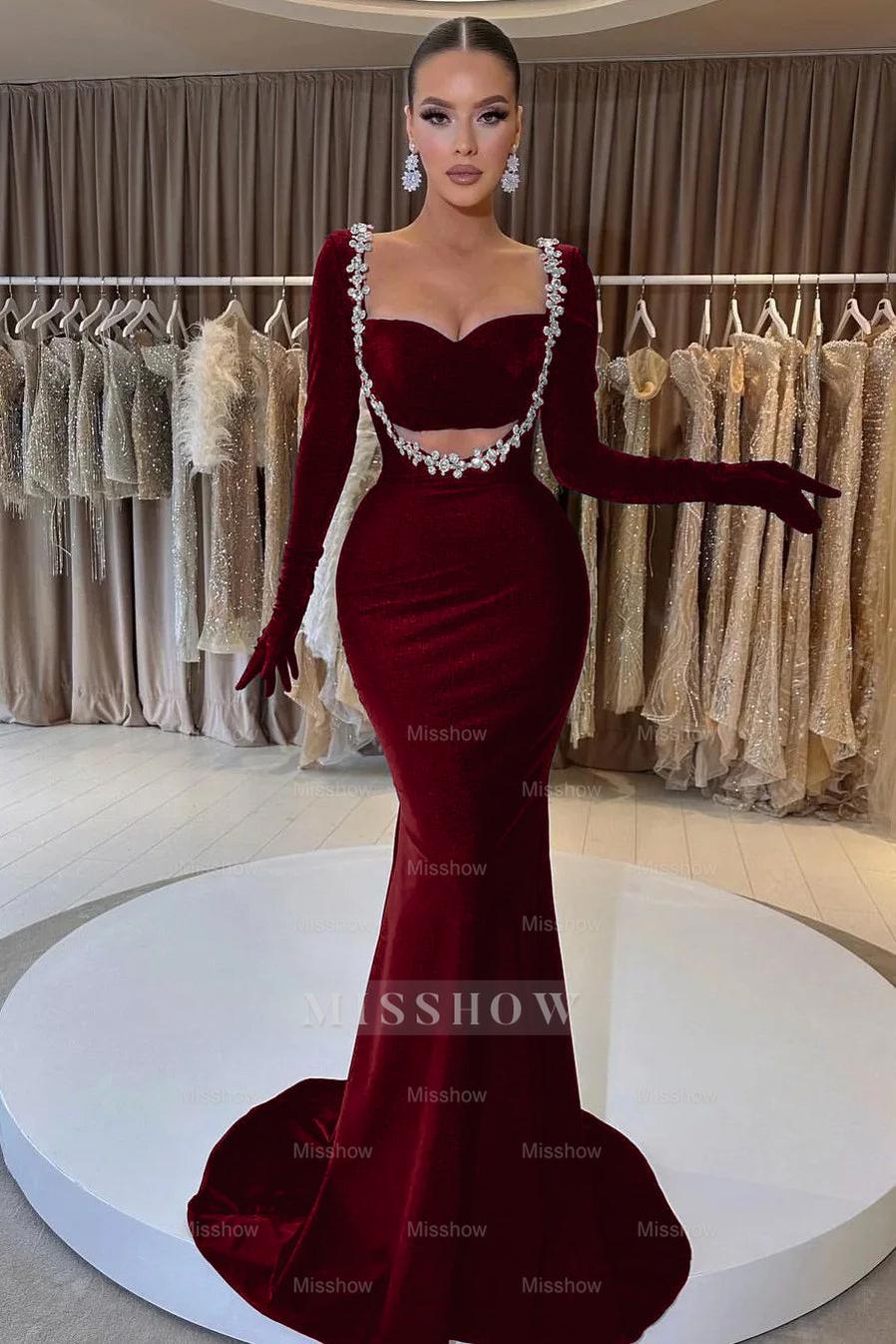 velvet dress with gloves Charming Black Velvet Long Sleeve Beaded Long Mermaid Formal Dress With  Gloves – misshow.com