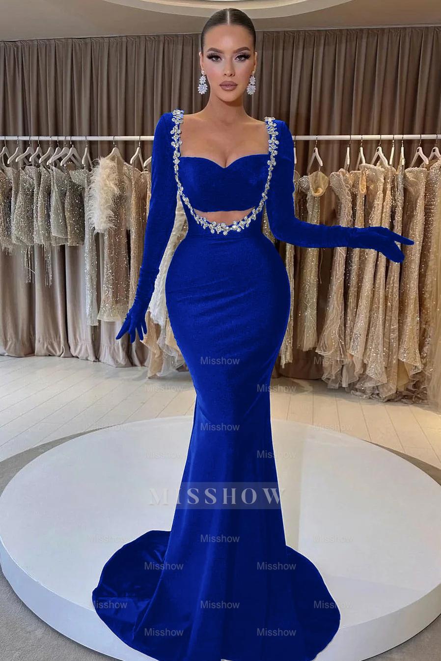 Charming Black Velvet Long Sleeve Beaded Long Mermaid Formal Dress With  Gloves