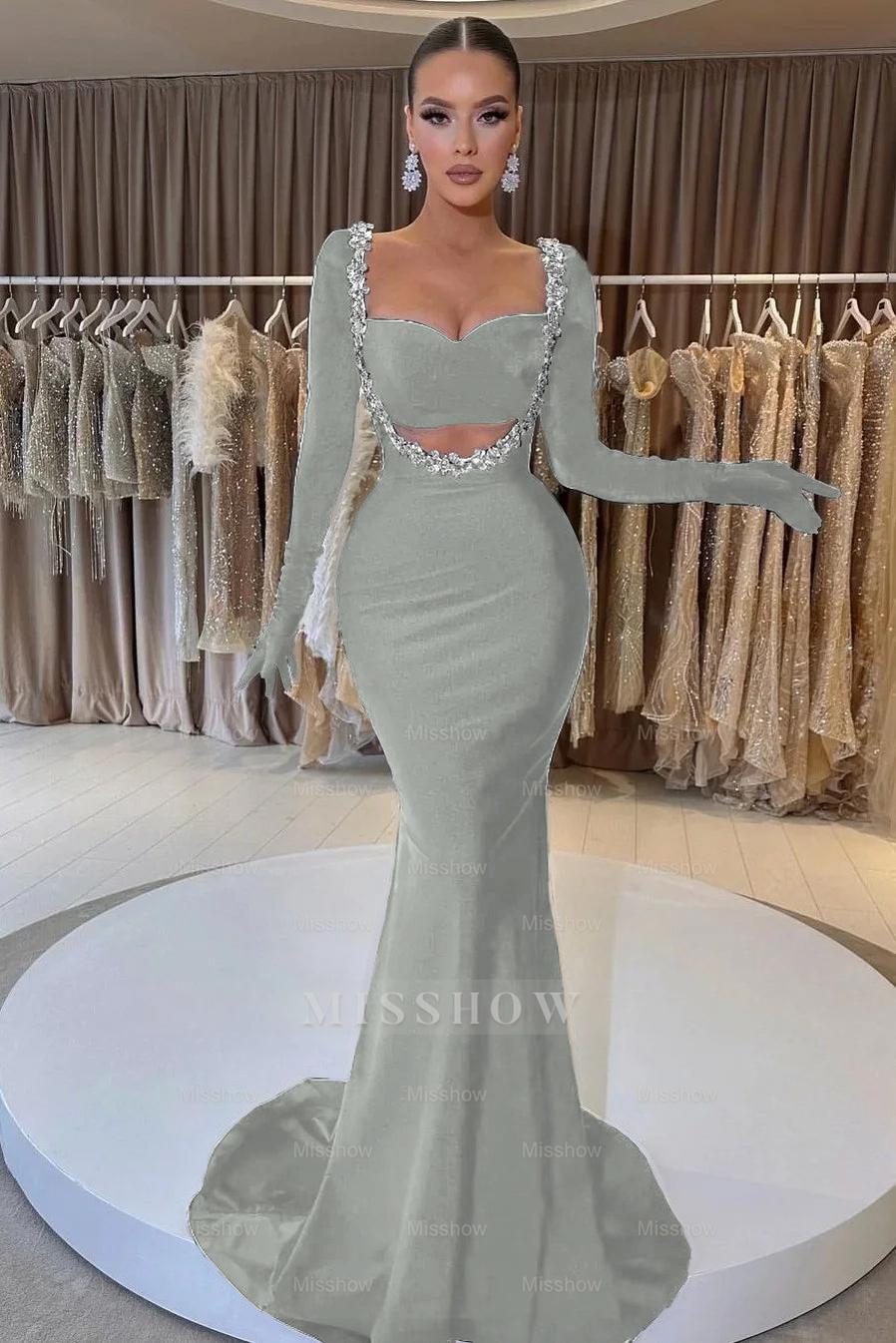 Charming Black Velvet Long Sleeve Beaded Long Mermaid Formal Dress With Gloves