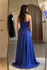 Charming Blue A-Line Sweetheart Sleeveless Sequined Beaded Ruffle Panel Train Satin Evening Dresses With Slit