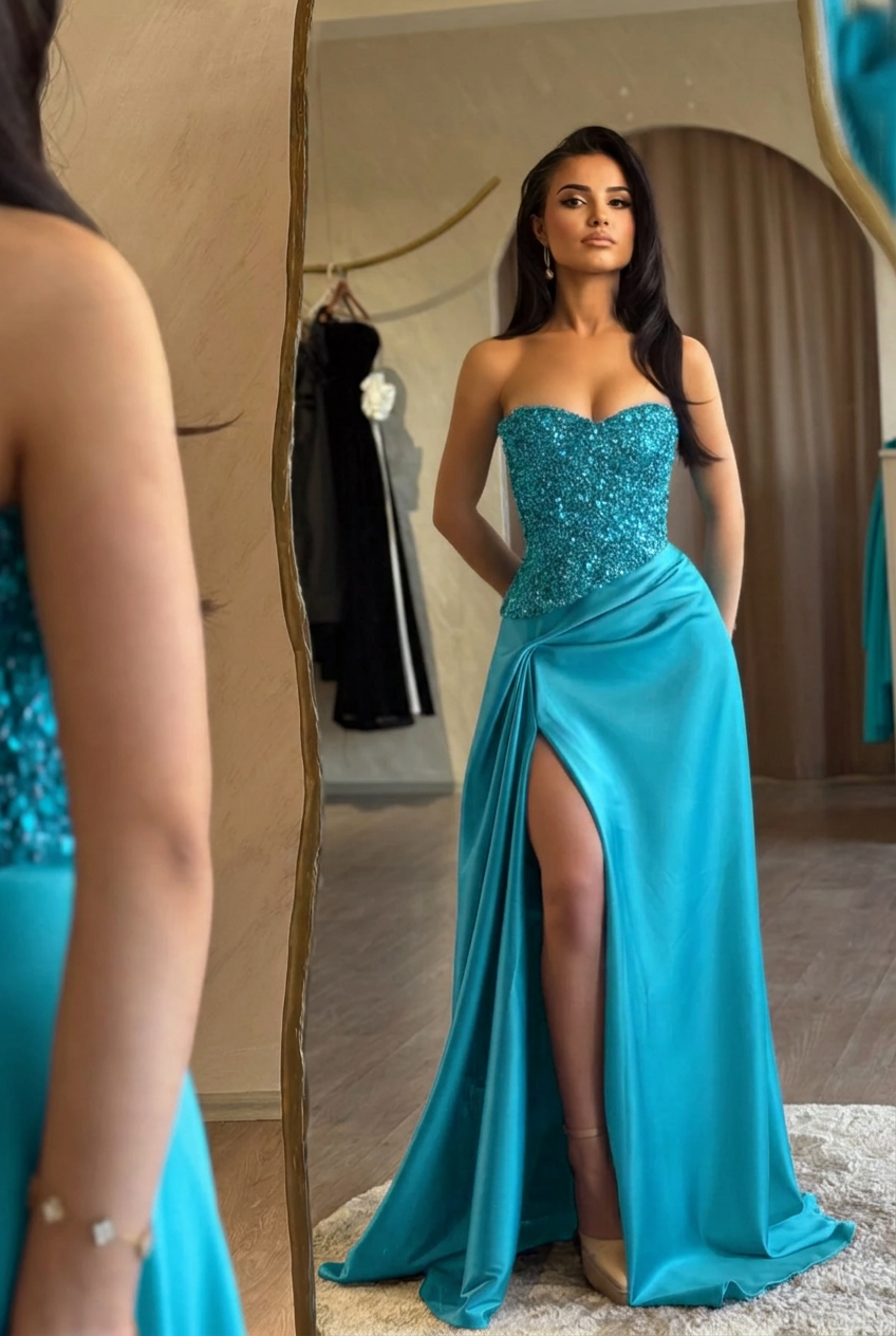 Turquoise sweetheart split-front mermaid prom dress