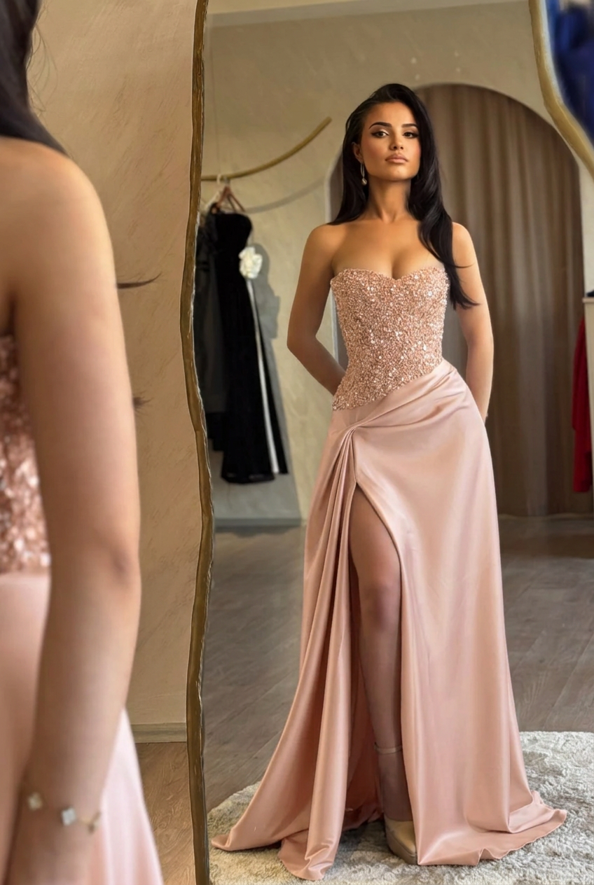 Pearl pink sweetheart split-front mermaid prom dress