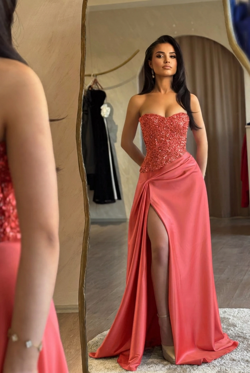 Coral sweetheart split-front mermaid prom dress