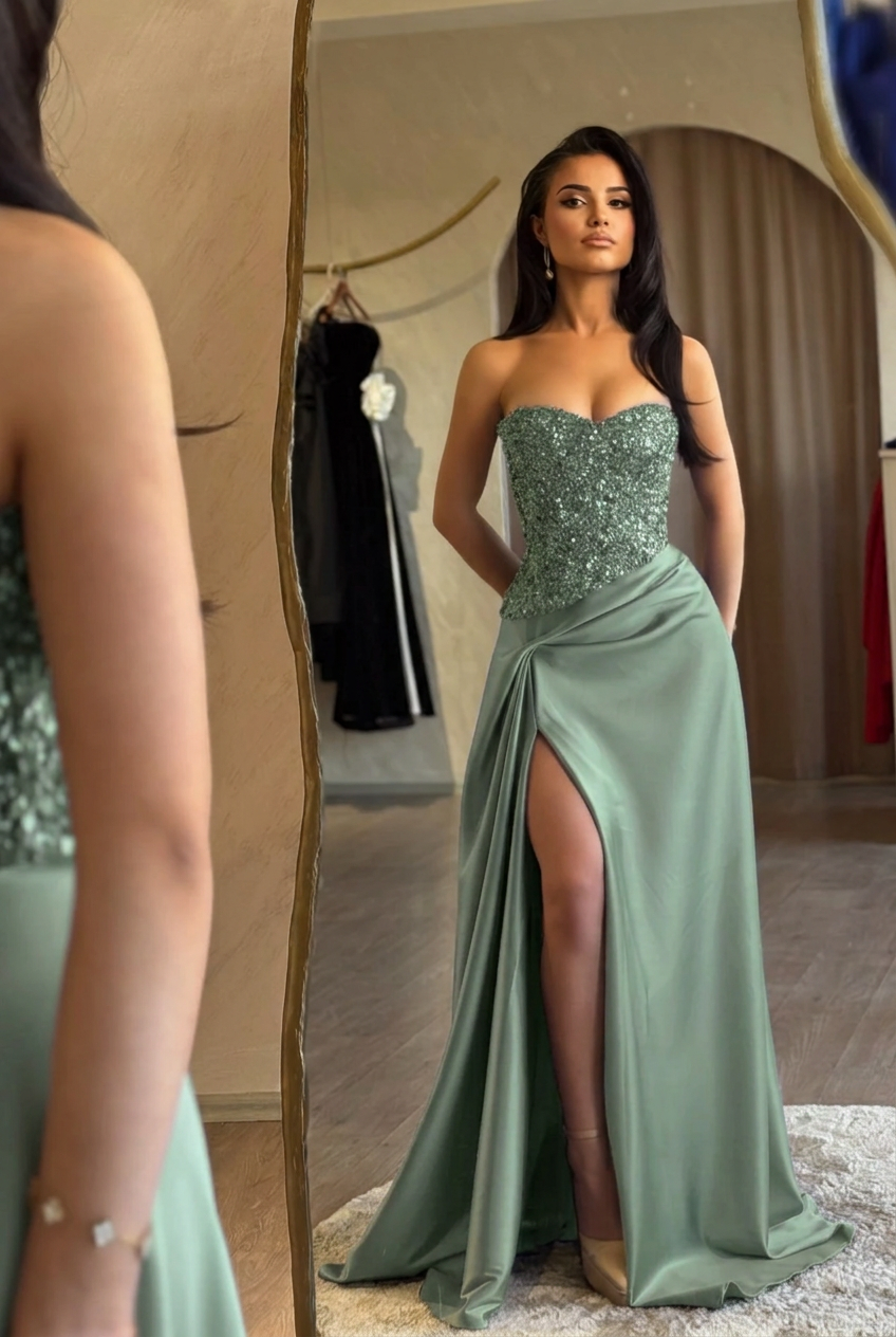 Dusty sage sweetheart split-front mermaid prom dress