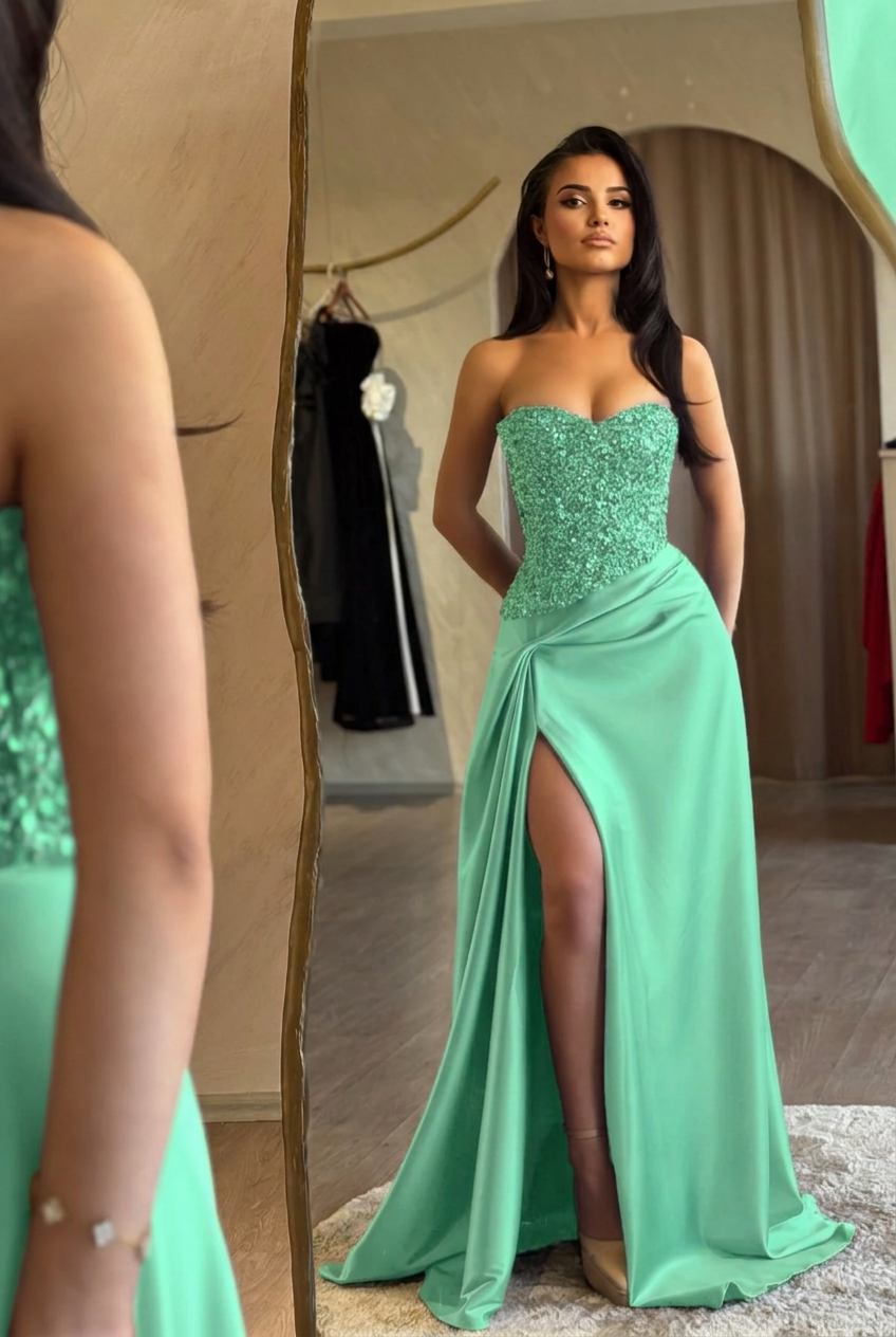 Mint green sweetheart split-front mermaid prom dress