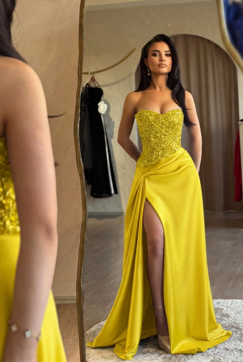 Yellow sweetheart split-front mermaid prom dress