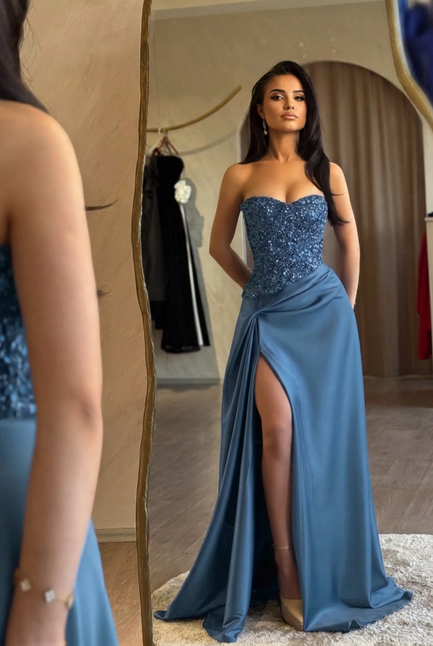 Dusty blue sweetheart split-front mermaid prom dress