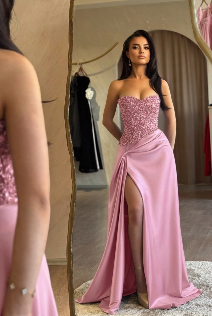 Candy pink sweetheart split-front mermaid prom dress