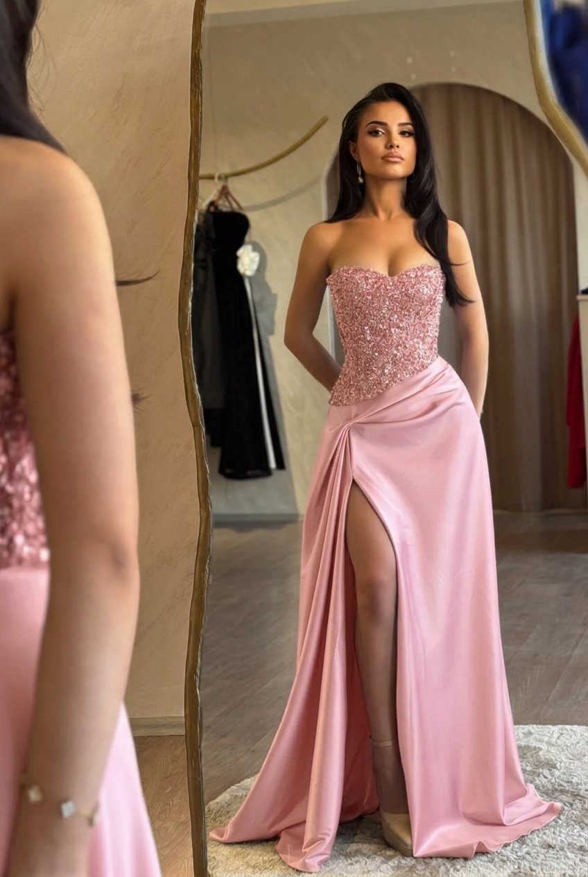 Blushing pink sweetheart split-front mermaid prom dress