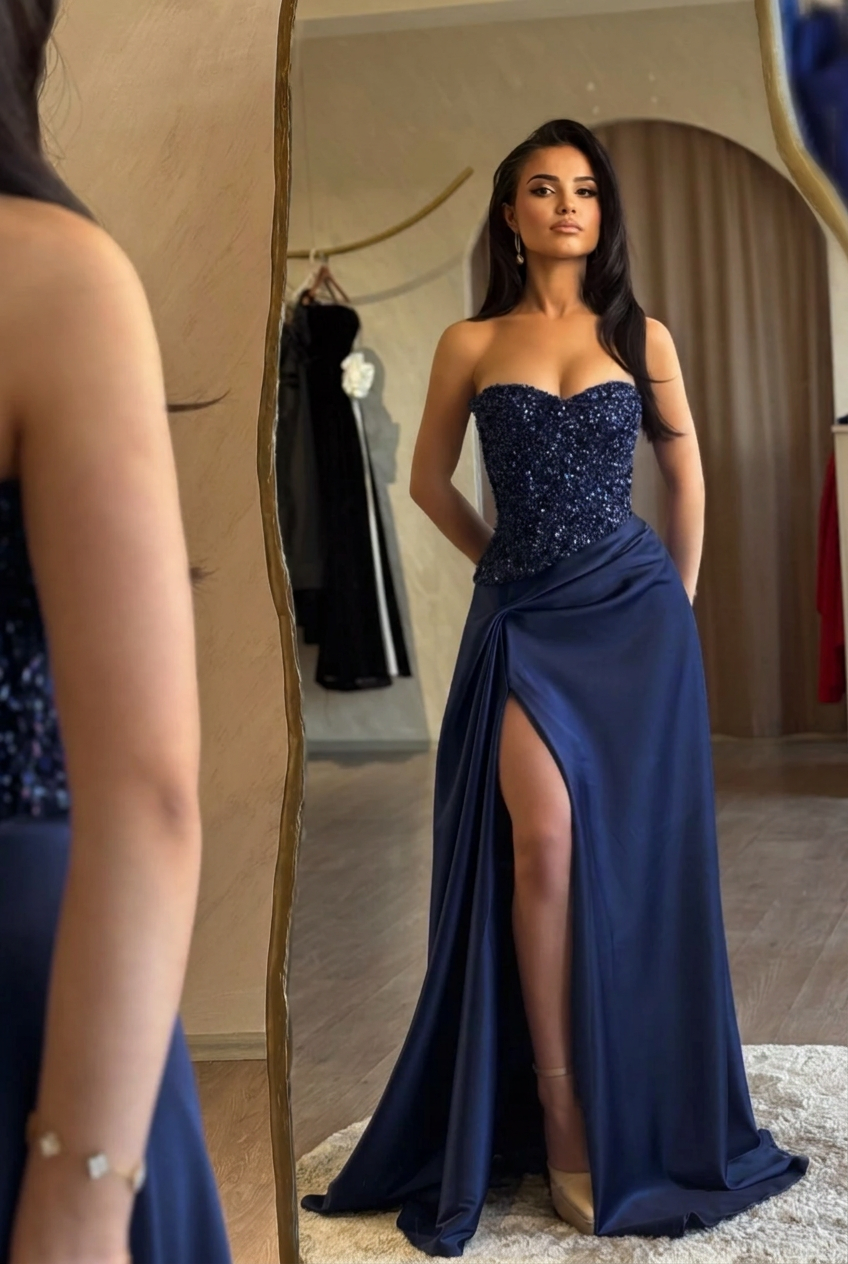 Dark navy sweetheart split-front mermaid prom dress