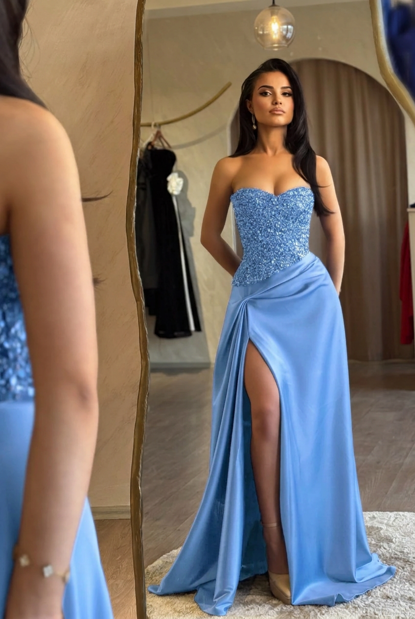 Light blue sweetheart split-front mermaid prom dress