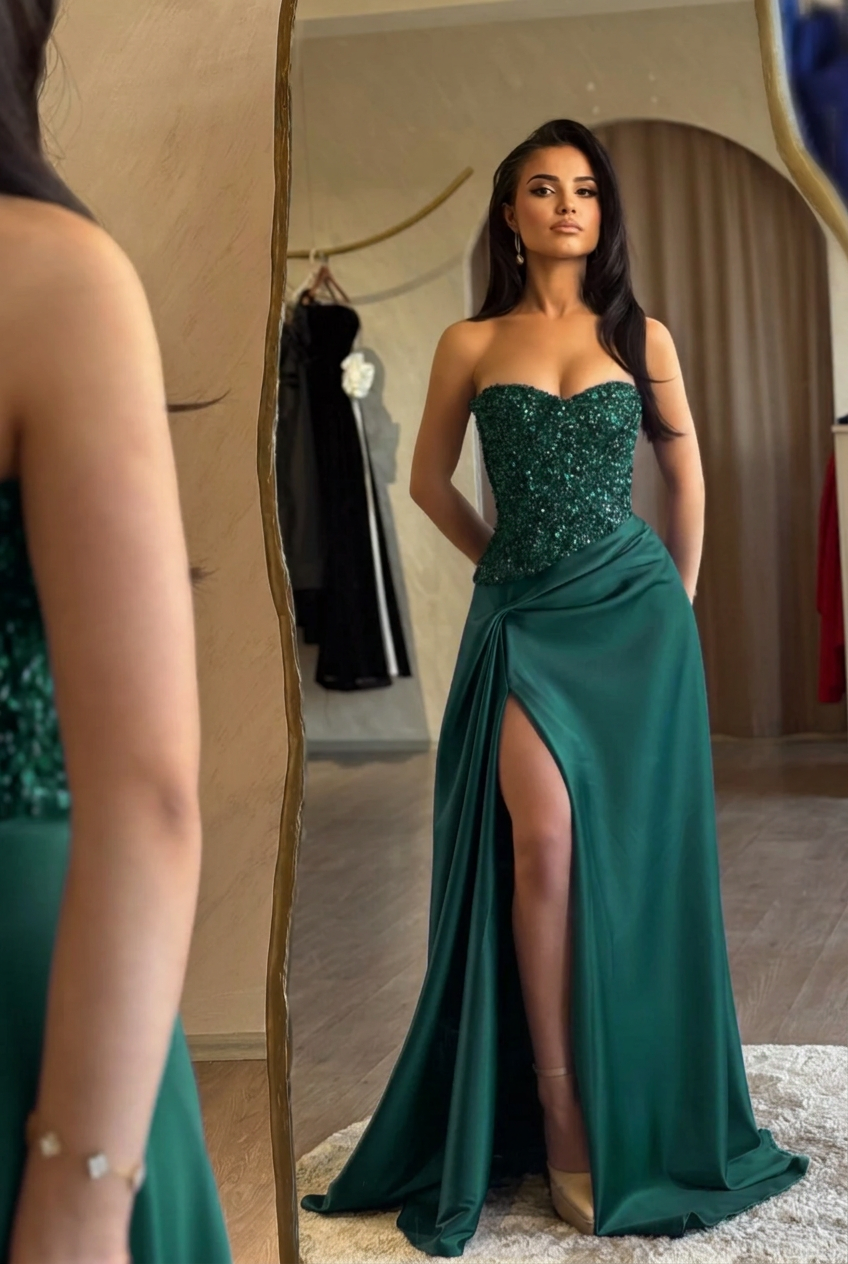 Dark green sweetheart split-front mermaid prom dress