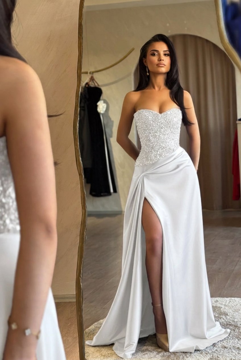White sweetheart split-front mermaid prom dress