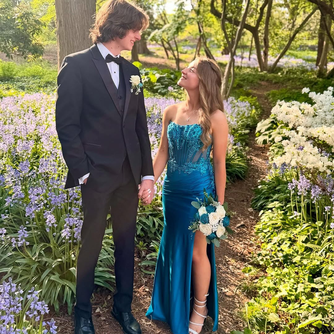 Charming Blue Column Strapless Sleeveless Sequined Lace Satin Prom Dress With Slit