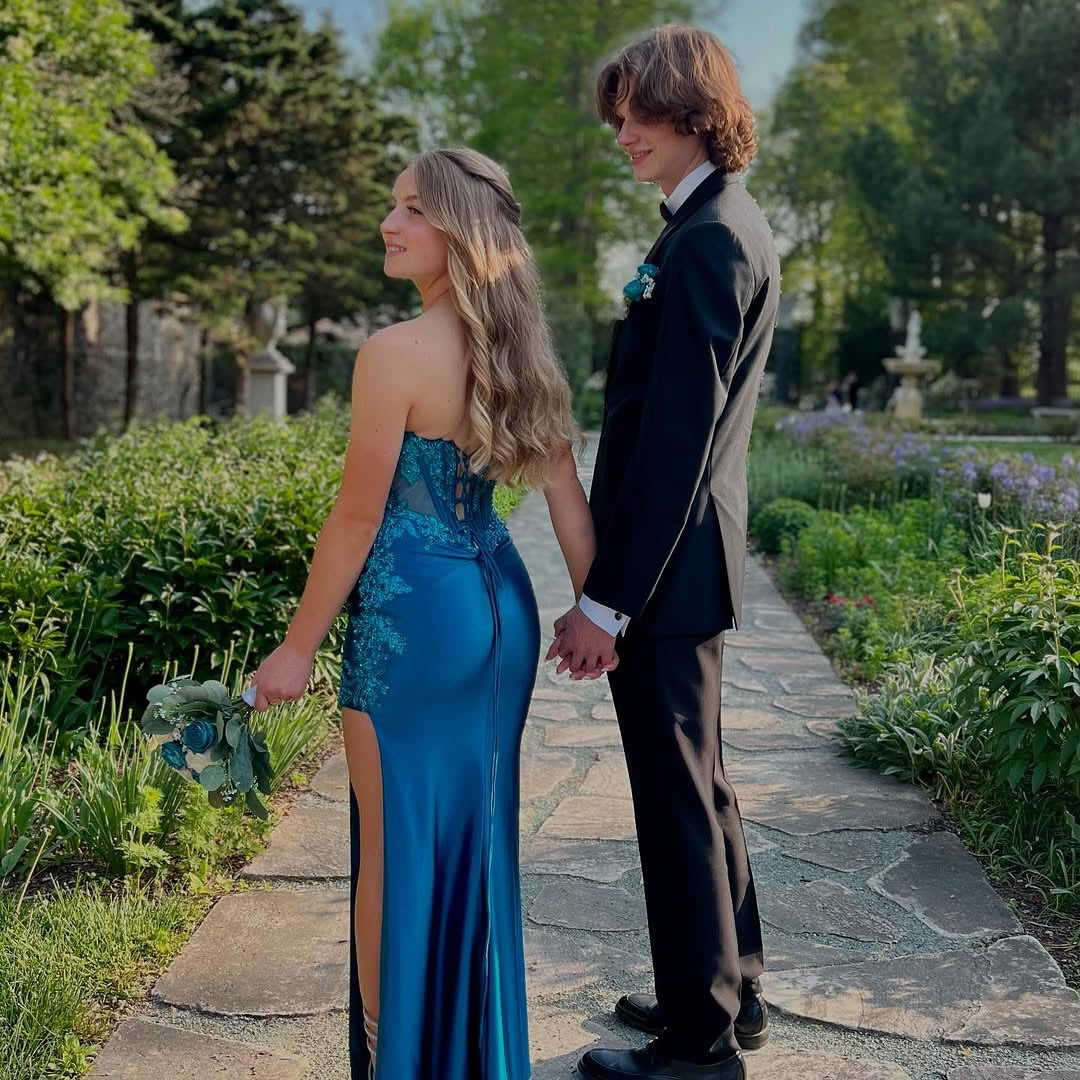 Charming Blue Column Strapless Sleeveless Sequined Lace Satin Prom Dress With Slit