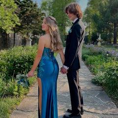 Charming Blue Column Strapless Sleeveless Sequined Lace Satin Prom Dress With Slit