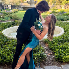 Charming Blue Column Strapless Sleeveless Sequined Lace Satin Prom Dress With Slit