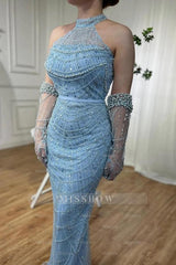 Charming Blue Halter Beaded Lace Mermaid Prom Dress