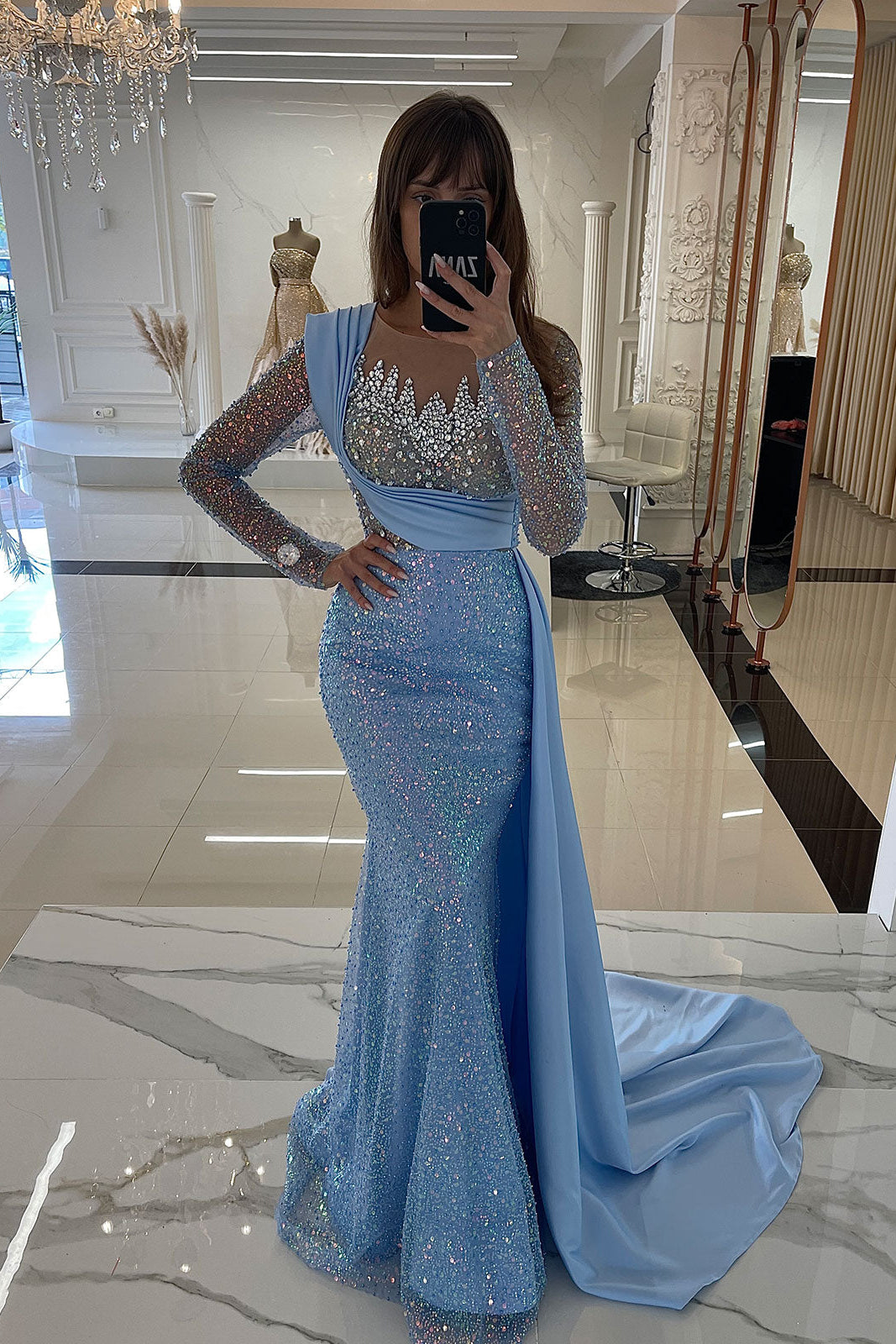 Charming Blue Mermaid Crew Long Sleeves Sequined Panel Train Long Tulle Evening Dresses With Rhinestones