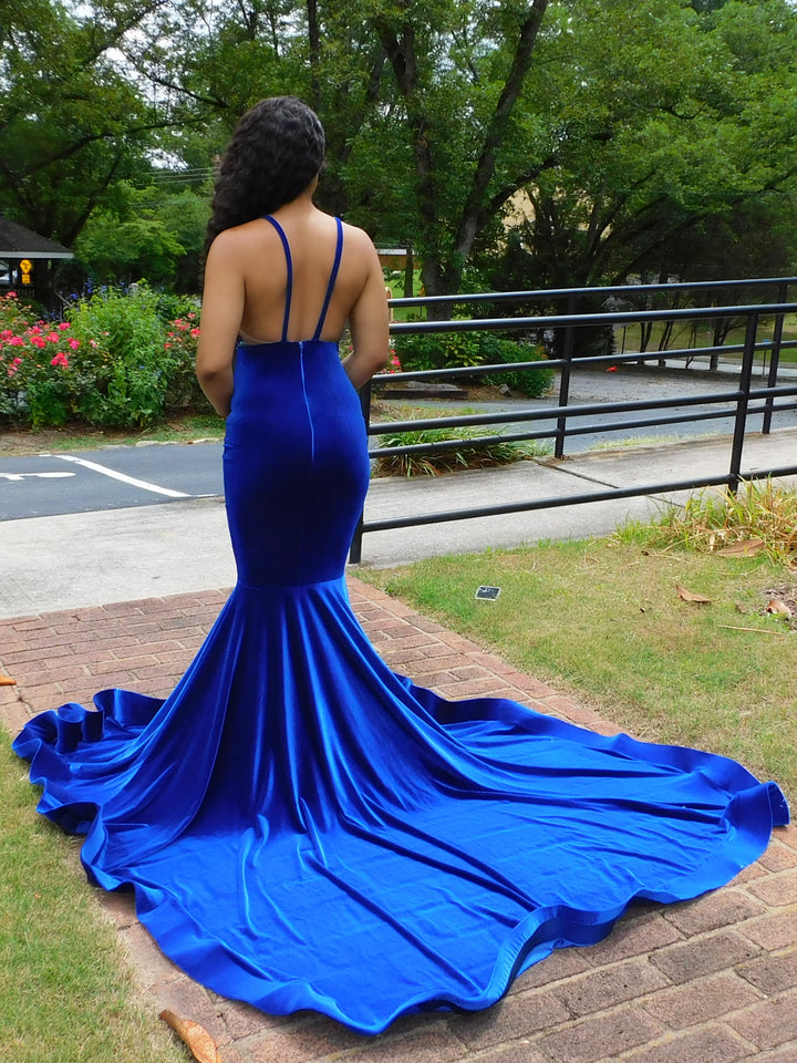 Charming Blue Spaghetti Straps V-neck Transparent lace Column Mermaid Prom Evening Dresses