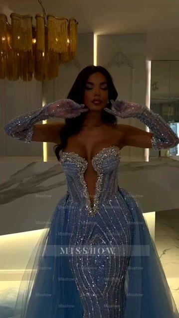 Charming Blue Strapless Sleeveless Long Mermaid Formal Dress with Beadings