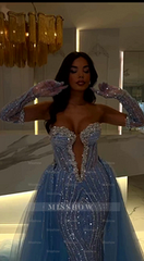 Charming Blue Strapless Sleeveless Long Mermaid Formal Dress with Beadings