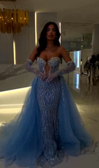 Charming Blue Strapless Sleeveless Long Mermaid Formal Dress with Beadings