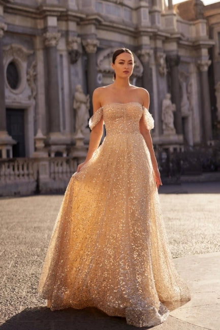 Charming Champagne A-Line Strapless Off-The-Shoulder Sleeveless Sequined Long Tulle Evening Dresses