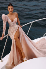 Charming Champagne Asymmetrical One-Shoulder Sequined Long Sleeves Panel Train Tulle Evening Dresses With Slit