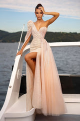 Charming Champagne Asymmetrical One-Shoulder Sequined Long Sleeves Panel Train Tulle Evening Dresses With Slit
