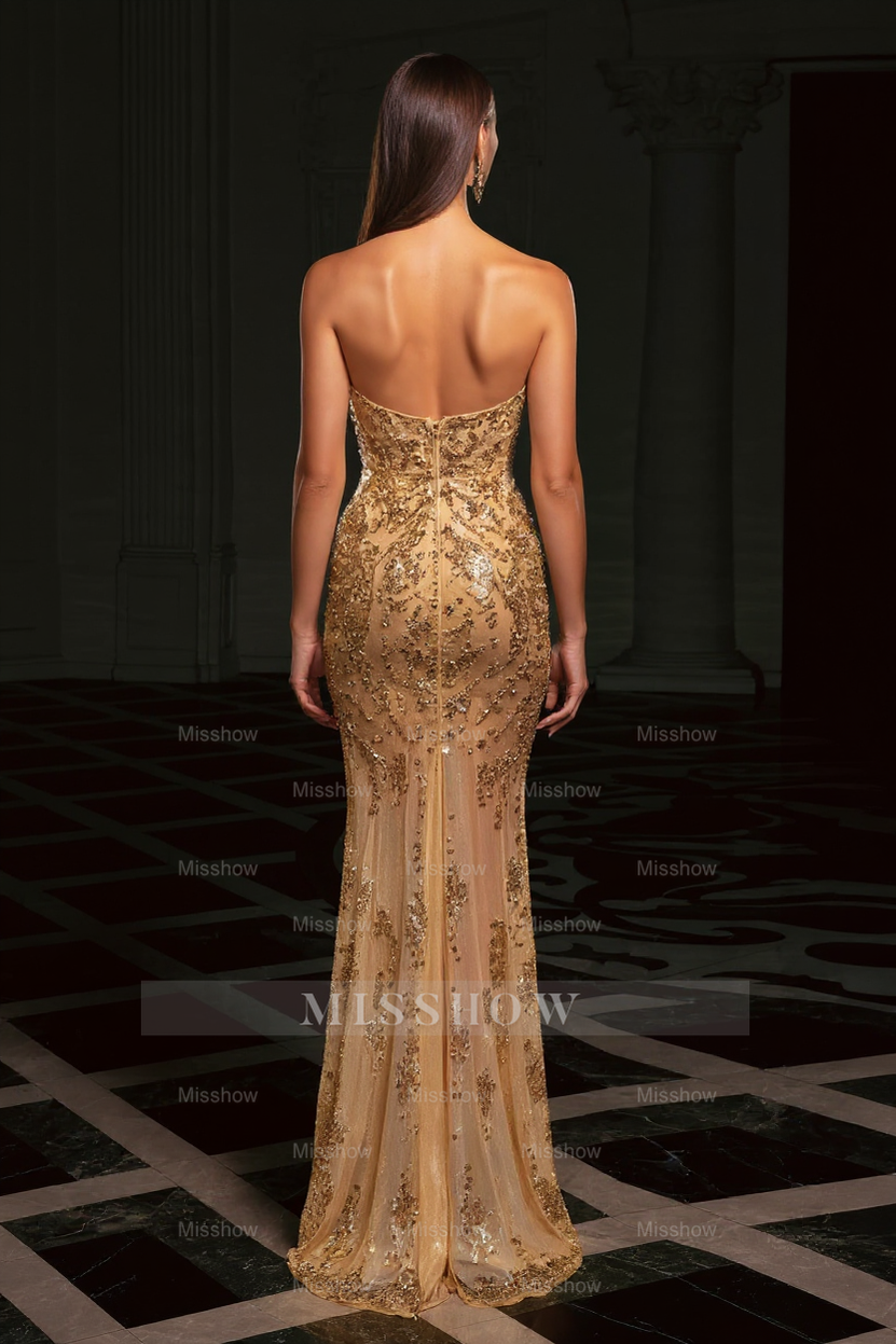 Gold strapless rhinestone column prom dress