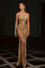 Gold strapless rhinestone column prom dress