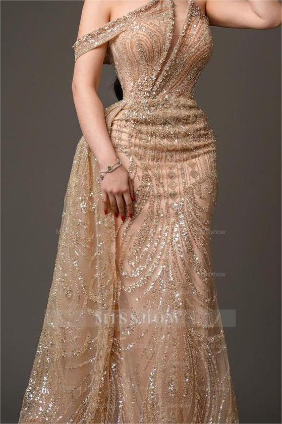 Charming Champagne Gold One Shoulder Sleeveless Formal Dress With Bead Embroidery