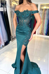 Charming Column Lace Off-The-Shoulder Sleeveless Prom Evening Dresses With Appliques Ruffles Split