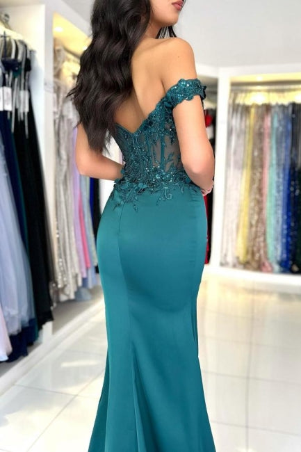 Charming Column Lace Off-The-Shoulder Sleeveless Prom Evening Dresses With Appliques Ruffles Split