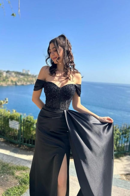Charming Column Satin Lace Off-The-Shoulder Sleeveless Black Prom Evening Dresses With Split Front