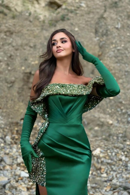 Charming Column Satin One Shoulder Sleeveless Green Prom Evening Dresses With Split Front