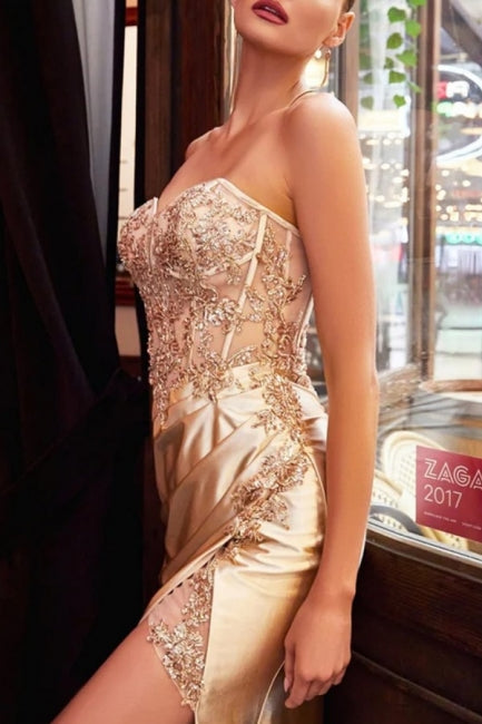 Charming Column Sleeveless Chain Sweetheart Floor-Length Appliques Split Front Prom Evening Dresses with Lace
