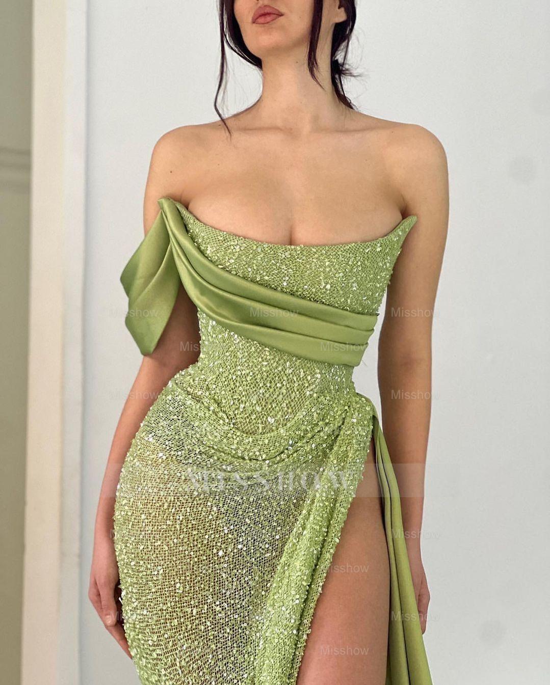 Sage sweetheart split-front A-line prom dress
