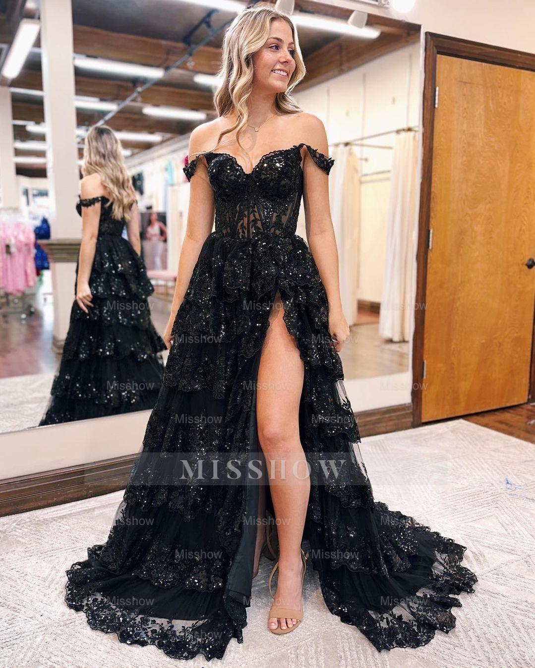 Black sweetheart lace A-line prom dress