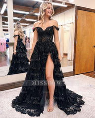 Black sweetheart lace A-line prom dress