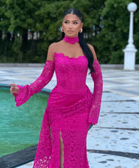 Charming Fuchsia Mermaid Strapless Long Sleeves Lace Ruffles Long Formal Dress With Slit