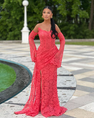 Charming Fuchsia Mermaid Strapless Long Sleeves Lace Ruffles Long Formal Dress With Slit
