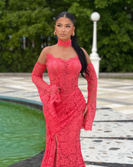 Charming Fuchsia Mermaid Strapless Long Sleeves Lace Ruffles Long Formal Dress With Slit