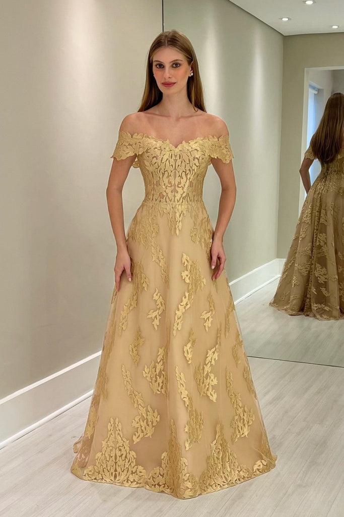 Charming Gold A-Line Off-The-Shoulder Floor-Length Tulle Bridesmaid Dresses With Appliques Charming Gold A-Line Off-The-Shoulder Floor-Length Tulle Bridesmaid Dresses With Appliques
