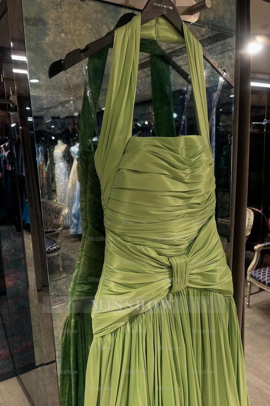 Charming Halter Sleeveless Long Formal Dress With Pleated Ruffles