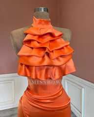 Orange high neck ruffled mermaid prom dress